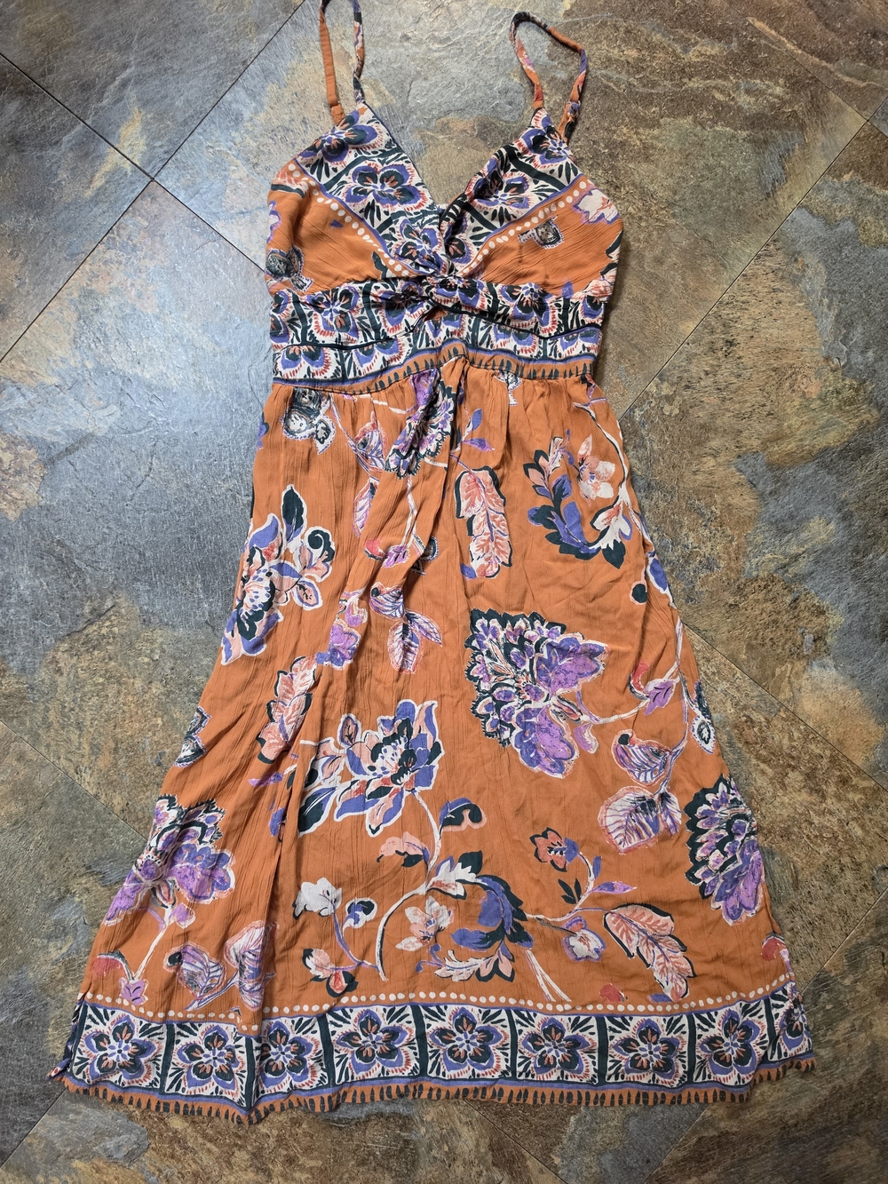 Angie Orange Floral Midi Dress with Purple Accents